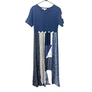Patchwork Maxi Dress Small‎ Made in USA Boho Artsy Mixed Print Navy Alexa Rae
